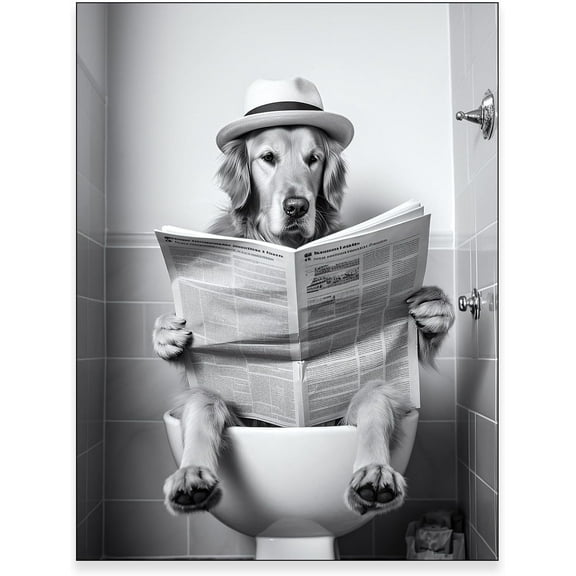 Aaheei Bathroom Decor Poster, Golden Retriever Wall Art, Funny Bathroom Print, Toilet Poster, Retriever in Toilet, Whimsy Animal Art