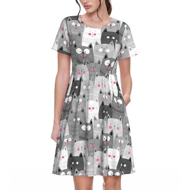 Disketp Cats Group para Vestido de Manga Corta para Mujeres, Vestidos de Verano para Mujeres, Casual y Holgado para la Playa