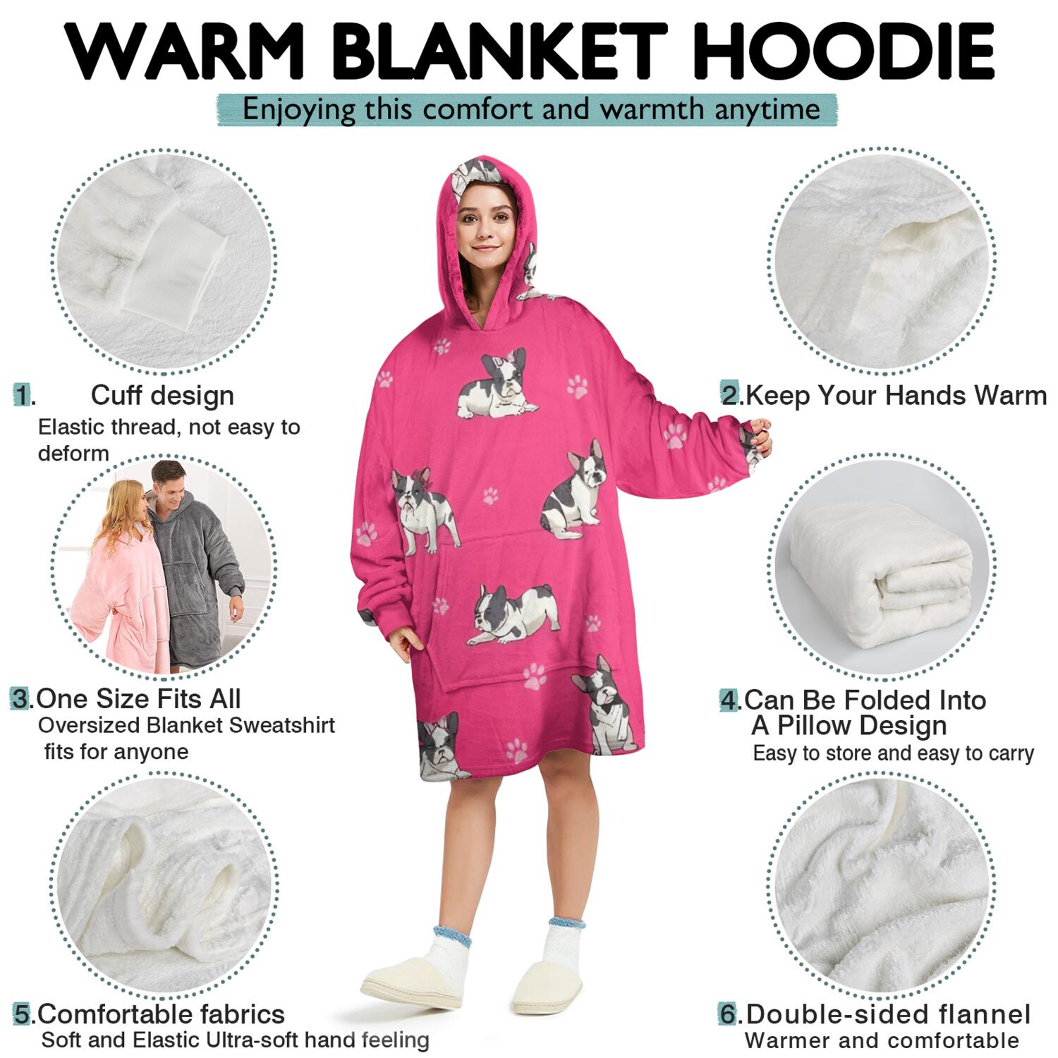 Wearable Oversized Blanket,Boston Terrier on Red Background Wearable Blanket Hoodie for Adults,Cozy Hooded Blankets with Super Pockets,Super Warm Fuzzy Pullover for Women & Men