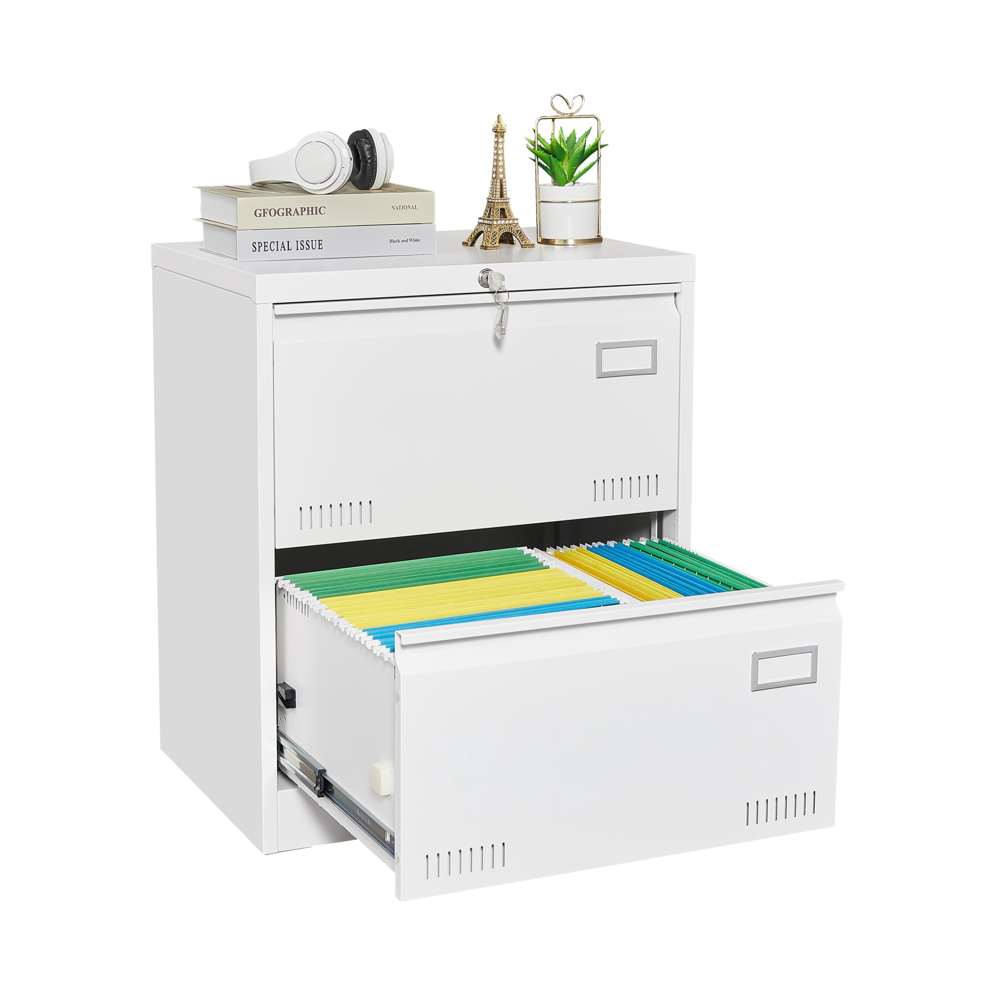 Filing Cabinet Lateral File Cabinet 2 Drawer, White Filing Cabinets with Lock, Locking Metal File Cabinets Three Drawer Office Cabinet for Legal/Letter/A4/F4 Home Offic