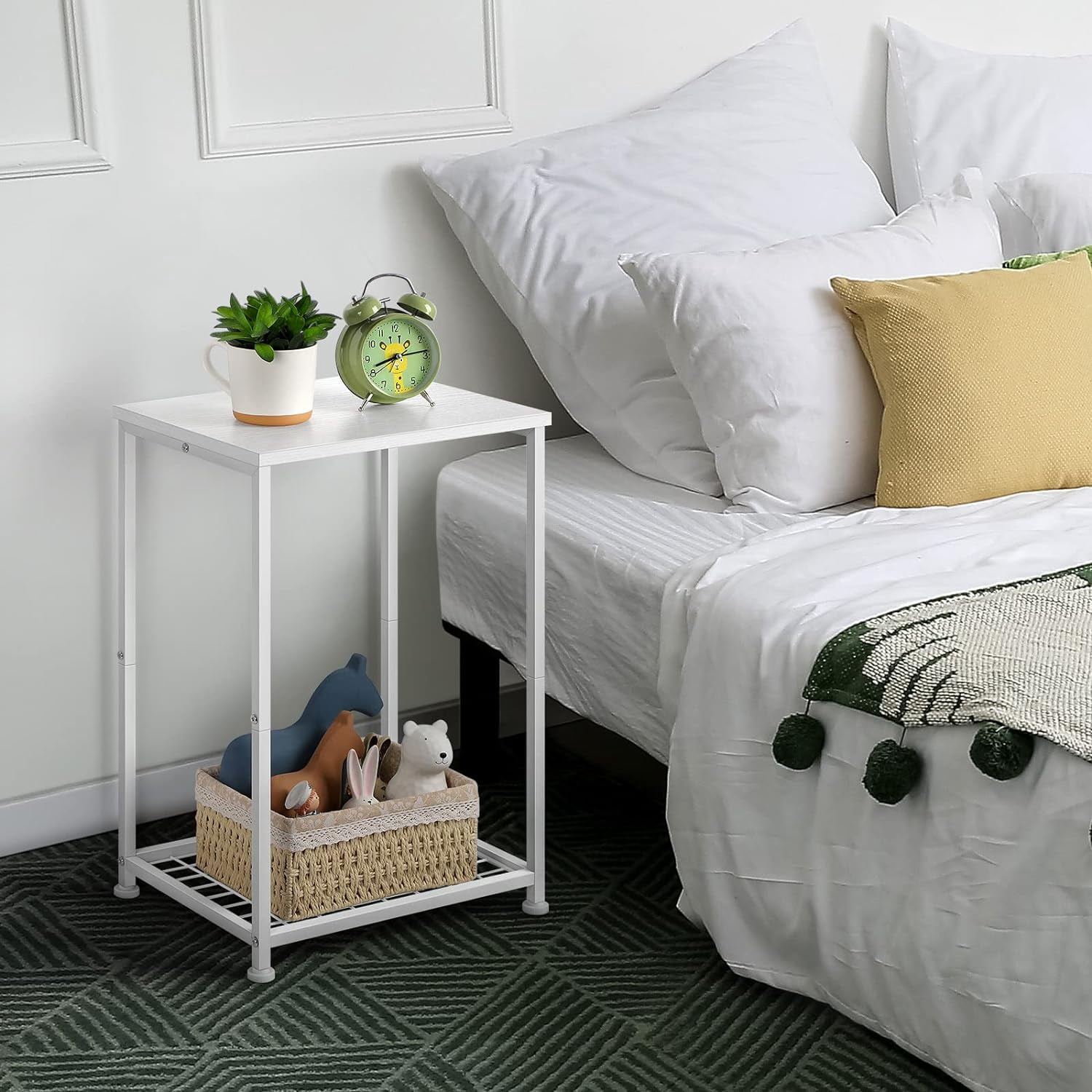 Nightstand with Charging Drawer Side Table White Set of 2