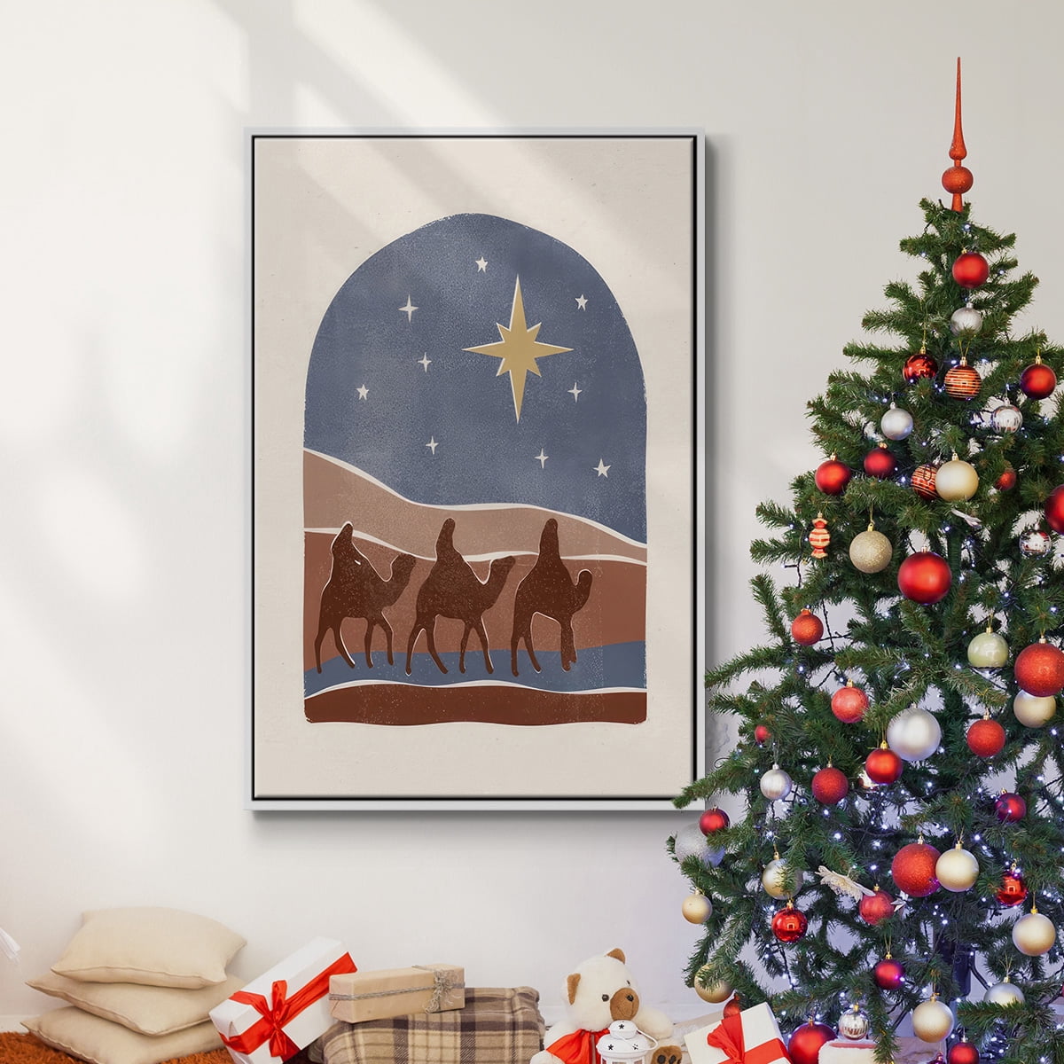 Boho Nativity II - Framed Gallery Wrapped Holiday Canvas - 27 x 41 - White Frame