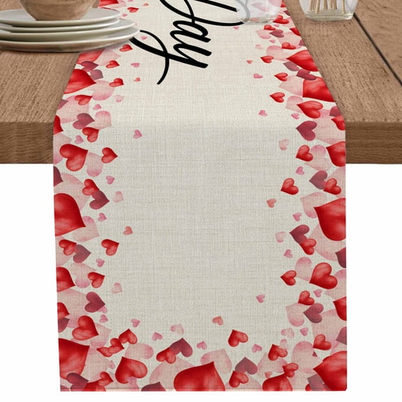 nqOlkjepod Valentine's Day Table Runner 48 Inches Long Farmhouse Dress Scarves, Red Love Heart Romantic Retro Beige Dining Tablerunner for Coffee Table/Kitchen Island/Party Décor, 13" x 48"