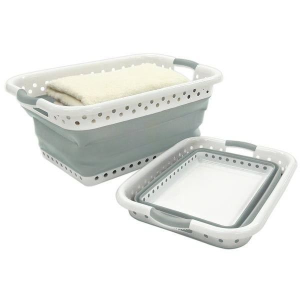 Homz Collapsible Plastic Rectangle Laundry Basket, White and Grey, Set