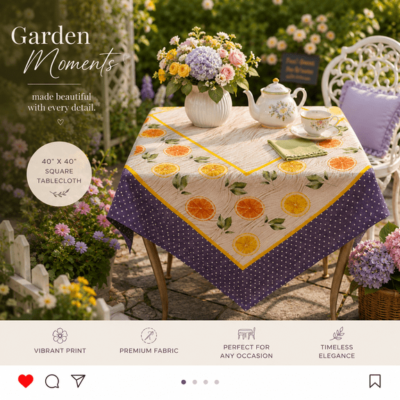 Square Table Topper with Citrus-Oranges and Lemon print. 40"x40" Square
