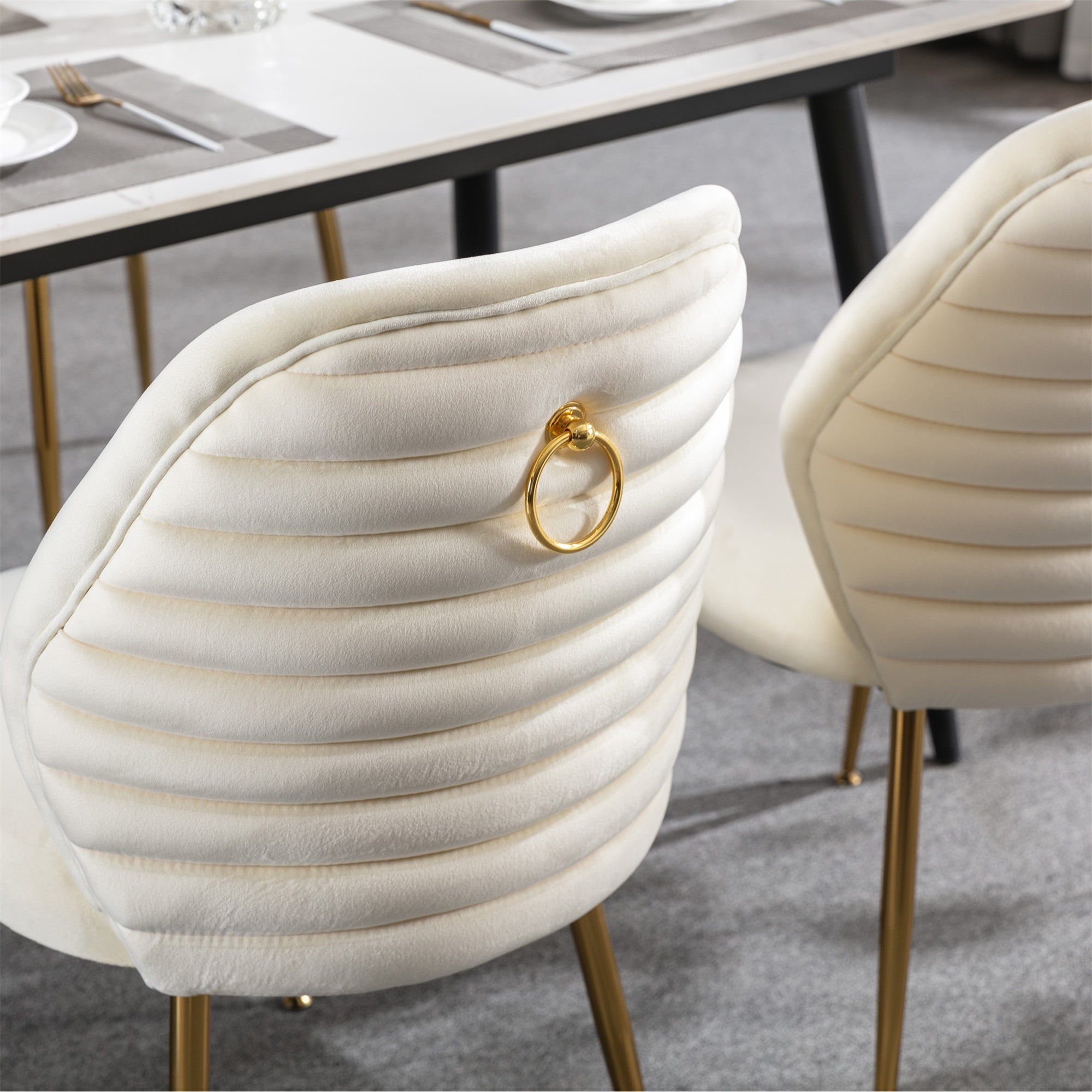 Resenkos Modern Woven Woven Dining Chair Set of 2 with Barrel Backrest and Gold Metal Legs, Cream Resenkos Modern Woven Woven Dining Chair Set of 2 with Barrel Backrest and Gold Metal Legs, Cream