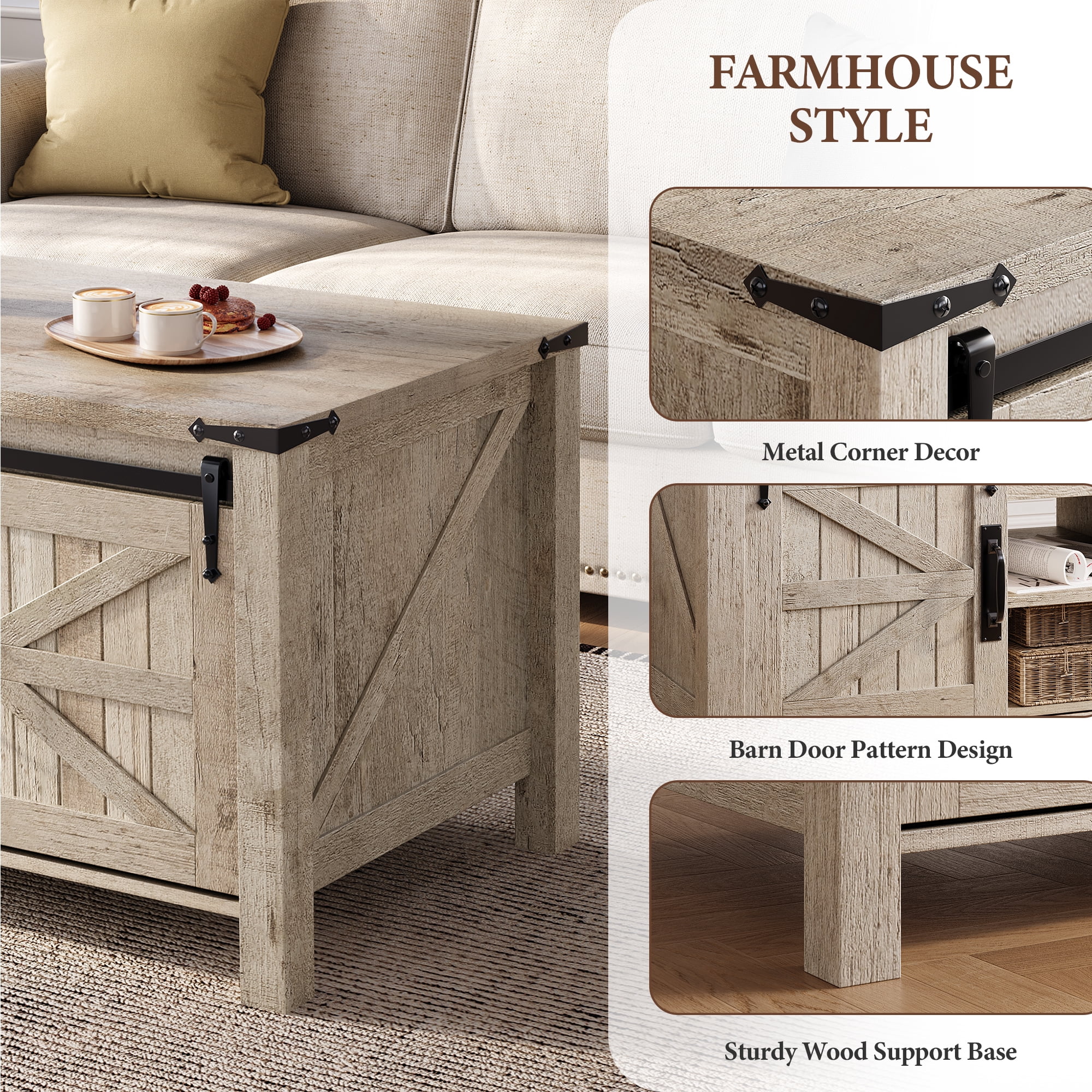 OKD 48" Farmhouse Lift Top Coffee Table with Sliding Barn Door, Rustic Center Table with Hidden Storage Compartment for Living Room, Office, Light Rustic Oak