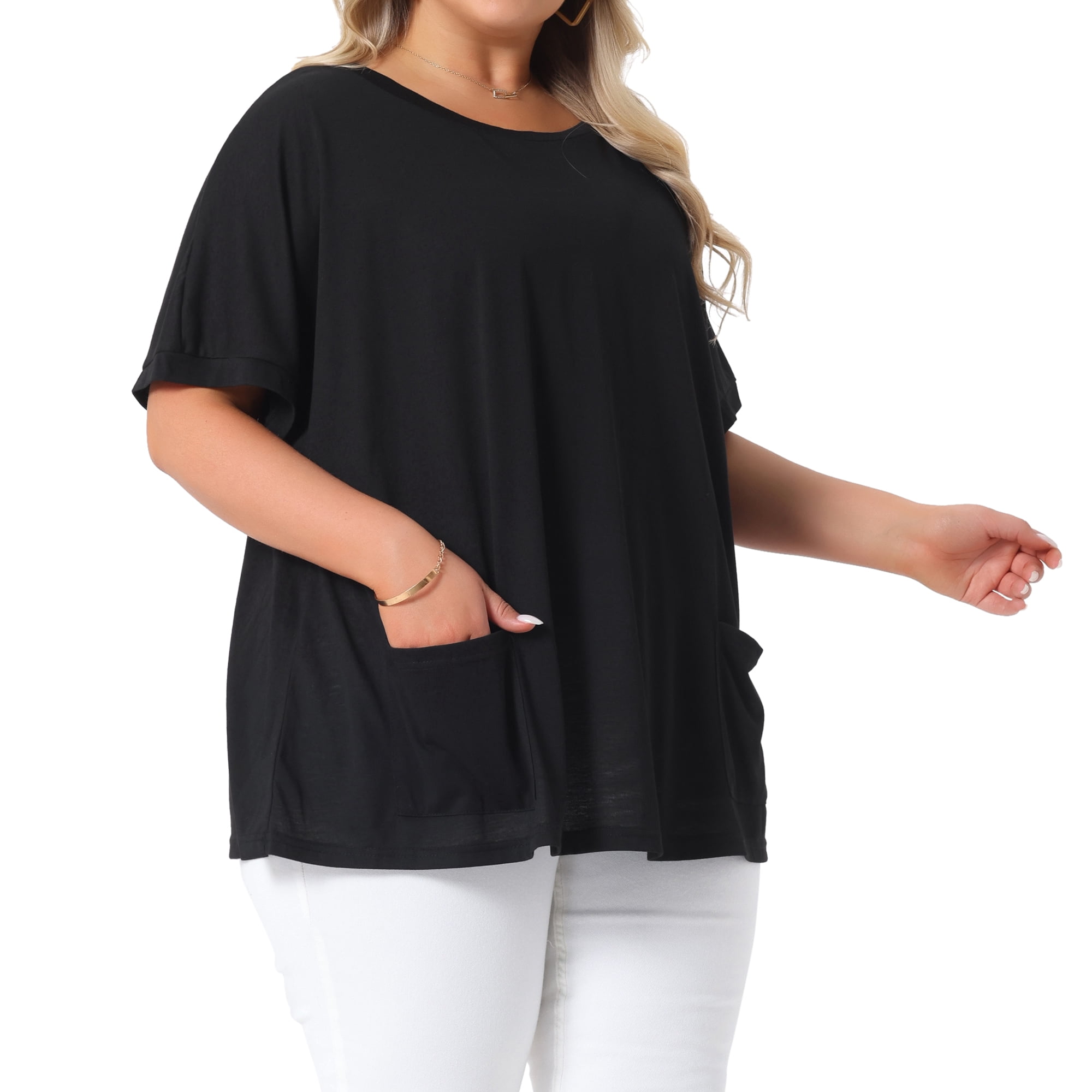DARING DIVA Women's Plus Crew Neck Loose Fit T Shirt with Pocket Casual 1X Black