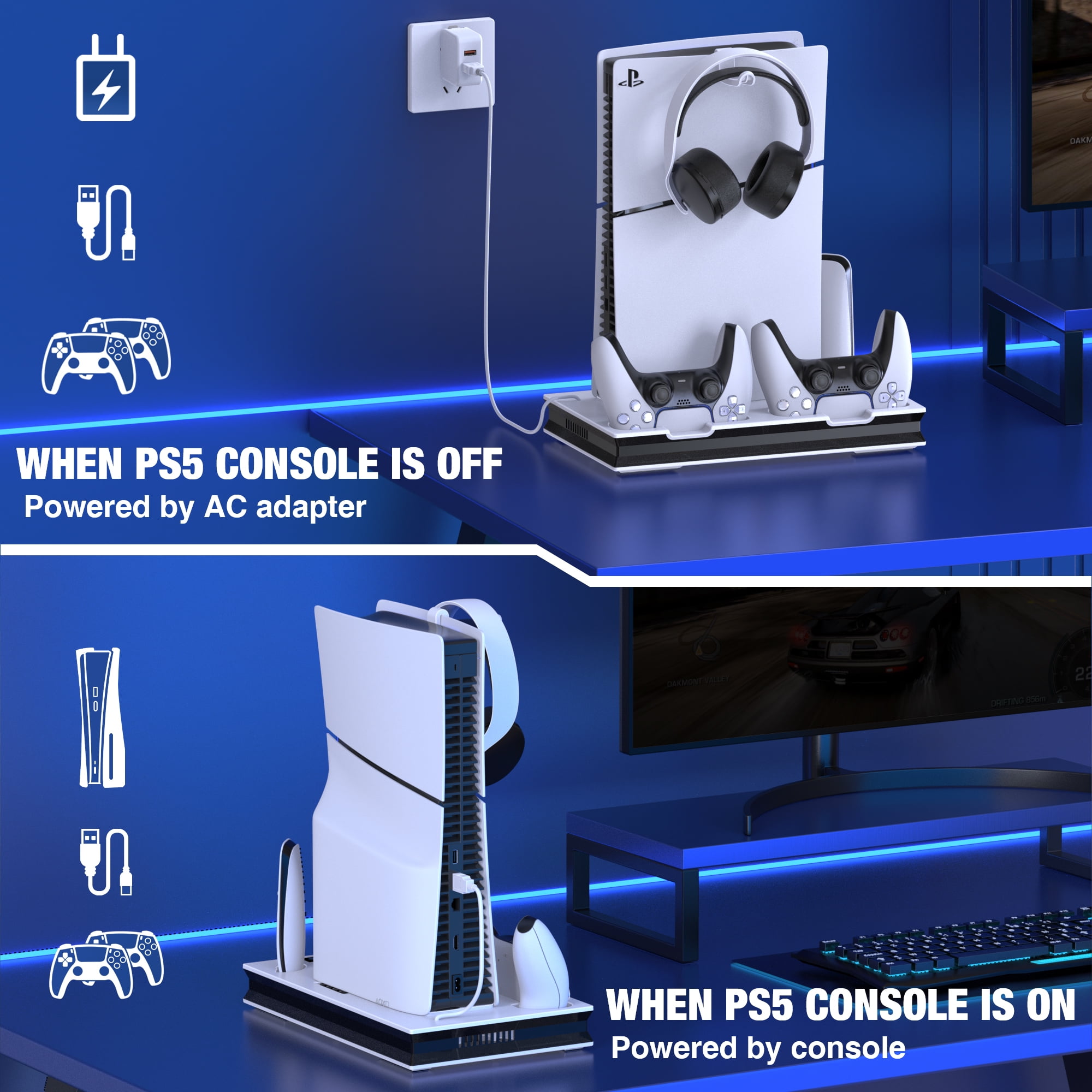 PS5 Slim Stand Cooling Station for Playsation 5 Pro/Slim Console Disc/Digital,PS5 Accessories Cooling Stand with 3-Level Cooling Fan,Dual PS5 Controller Charger,Headset Holder