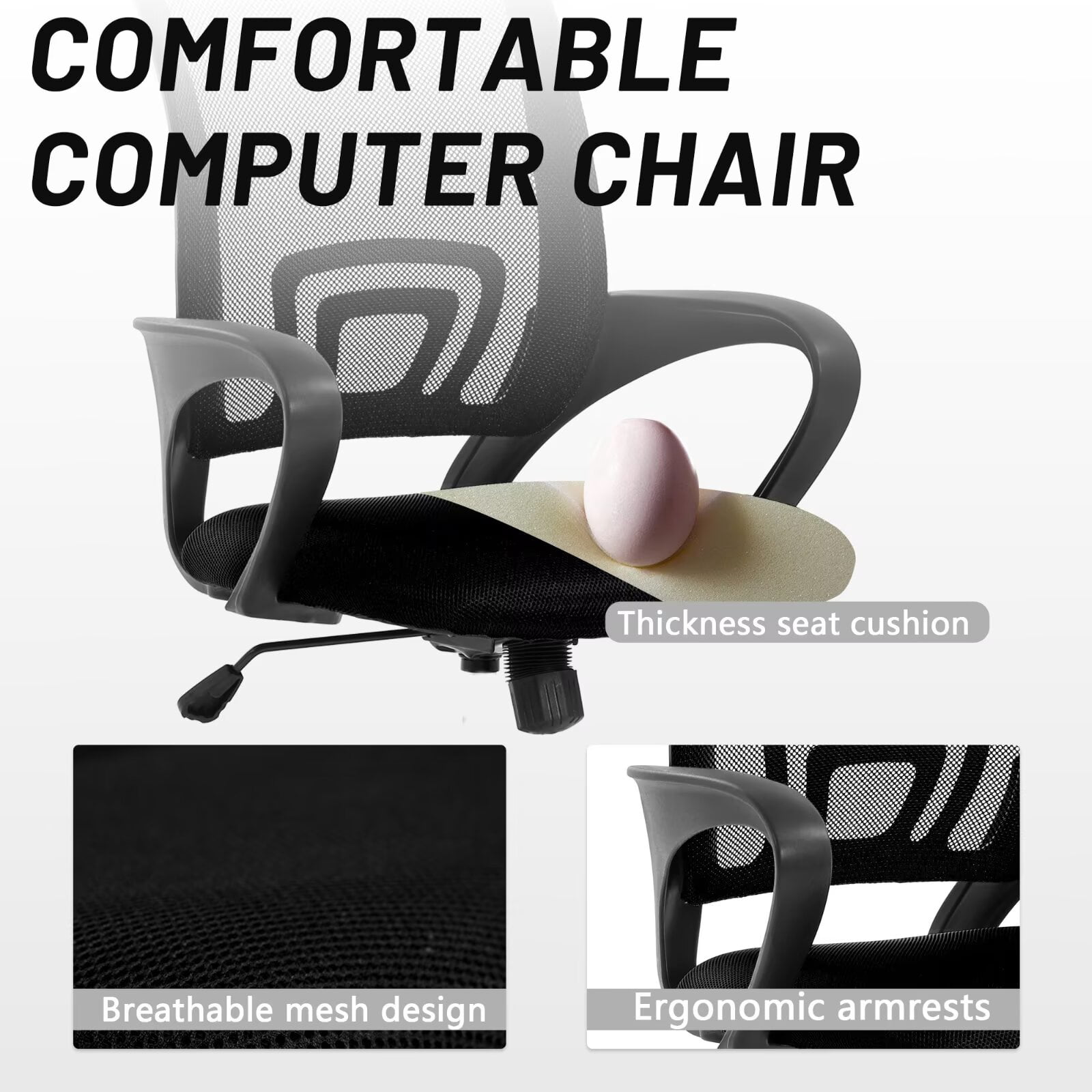 CL.HPAHKL Mesh Office Chair with Wheels, Adjustable Ergonomic Computer Desk Chair with Lumbar Support & Armrest, Comfortable Swivel Rolling Chair for Home Office Work Study, Black