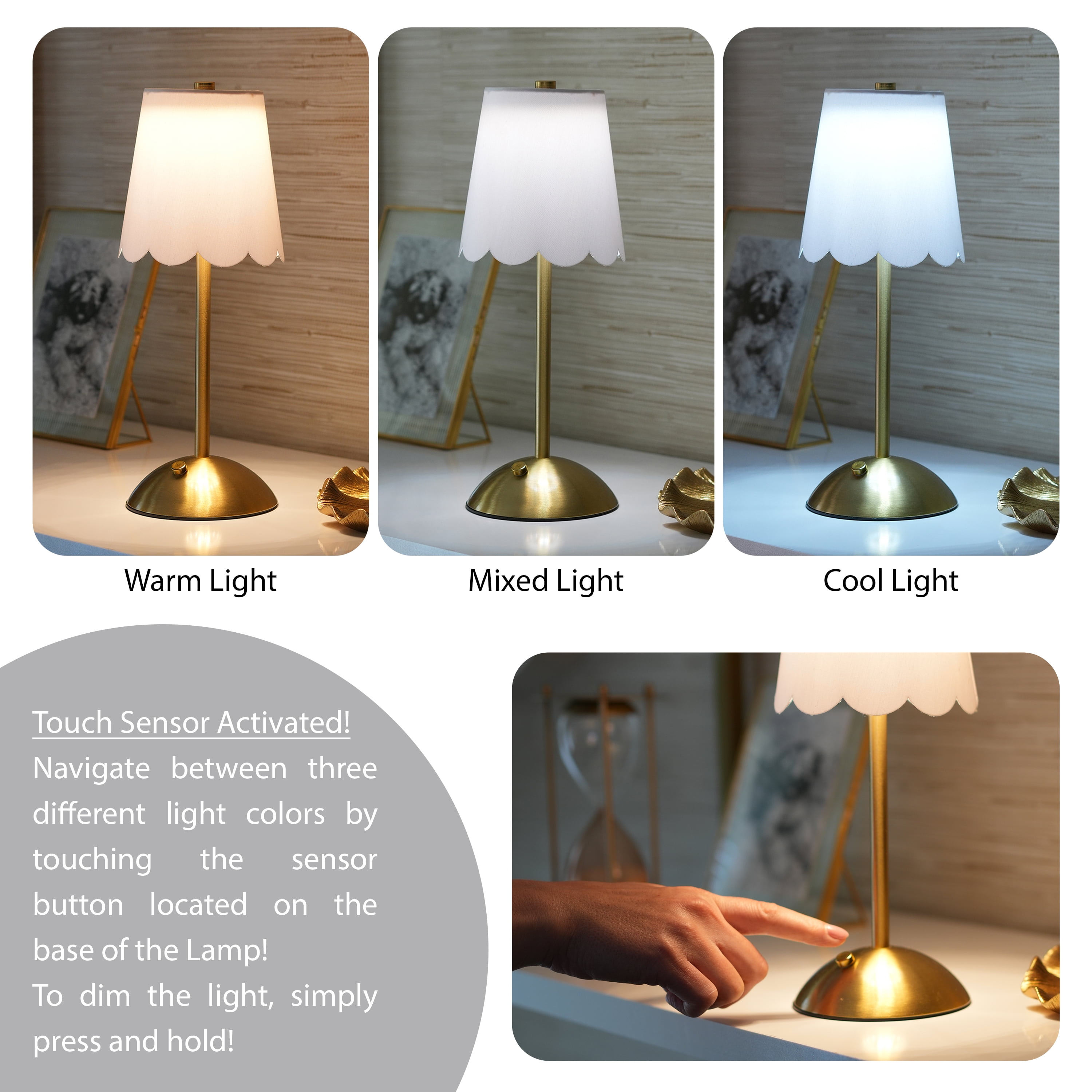 (2 pack) Home Decor Collection Sterling & Noble Home Cordless Rechargeable 11.9" Brass Table Lamp with Dimmable 3 Option Lights