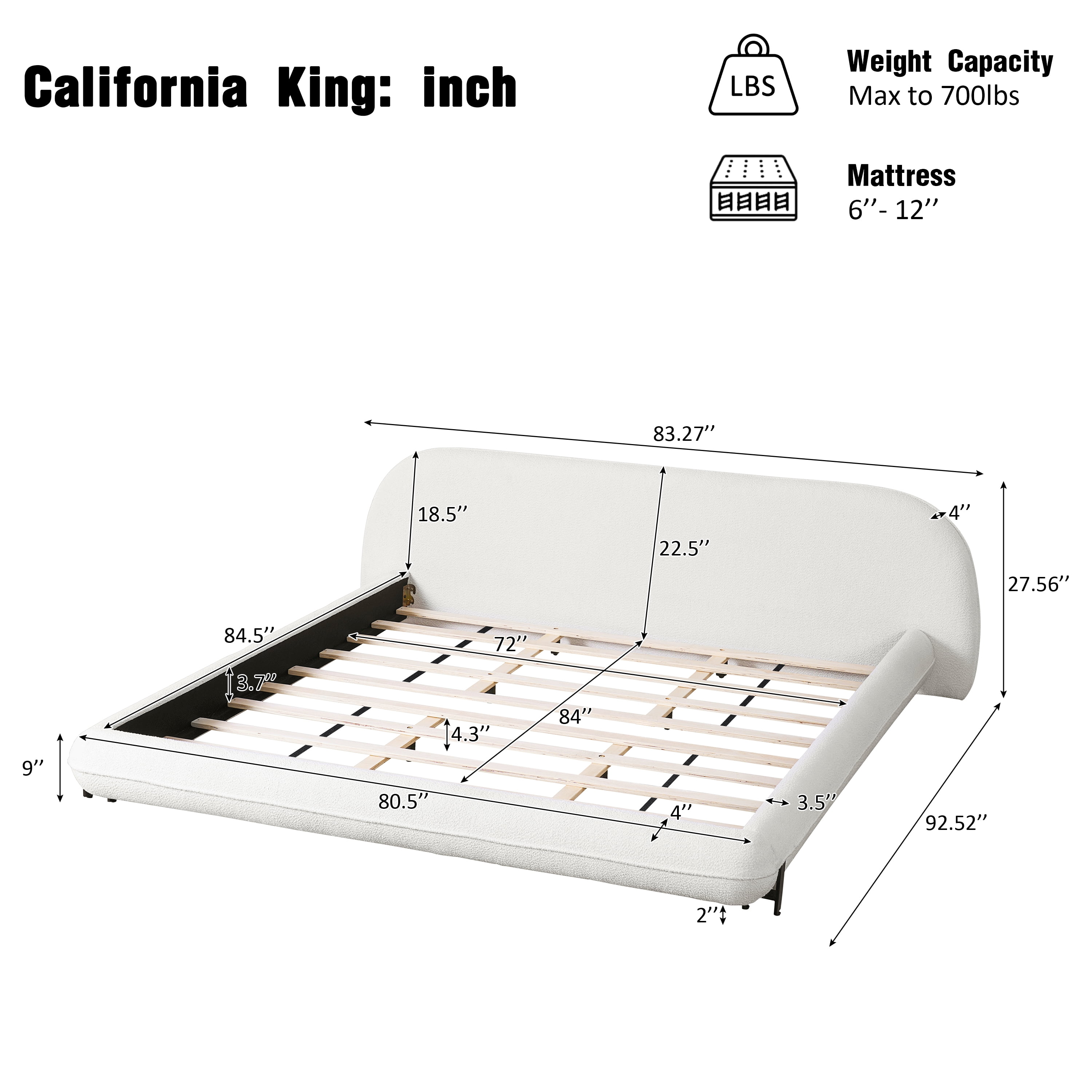 California King Size Bed Frame with Soft Boucle Fabric, Curved Thick Padded Headboard, Upholstered Platform Bed for Bedroom, White