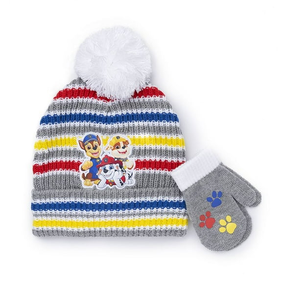 Nickelodeon Paw Patrol 2-Piece Knitted Hat and Mittens Set, Striped, Pom-Pom, Acrylic, Winter