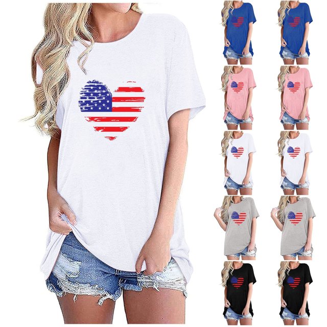 Fiudx Camisetas para Mujer Camiseta de Manga Corta con Cuello Redondo y Estampado de Bandera de Moda para Mujer