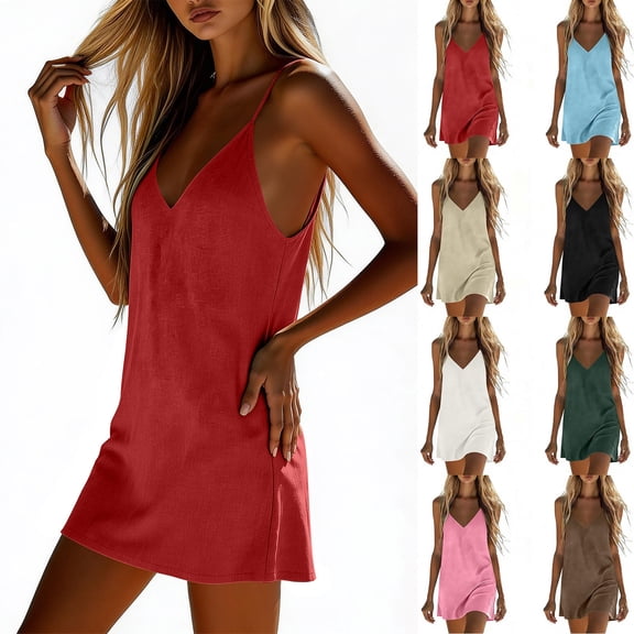Smsaxvxz Women's Summer Cotton Line Dresses Fashion Solid V Neck Spaghetti Strap Sundress Casual Loose Mini Dress Red M