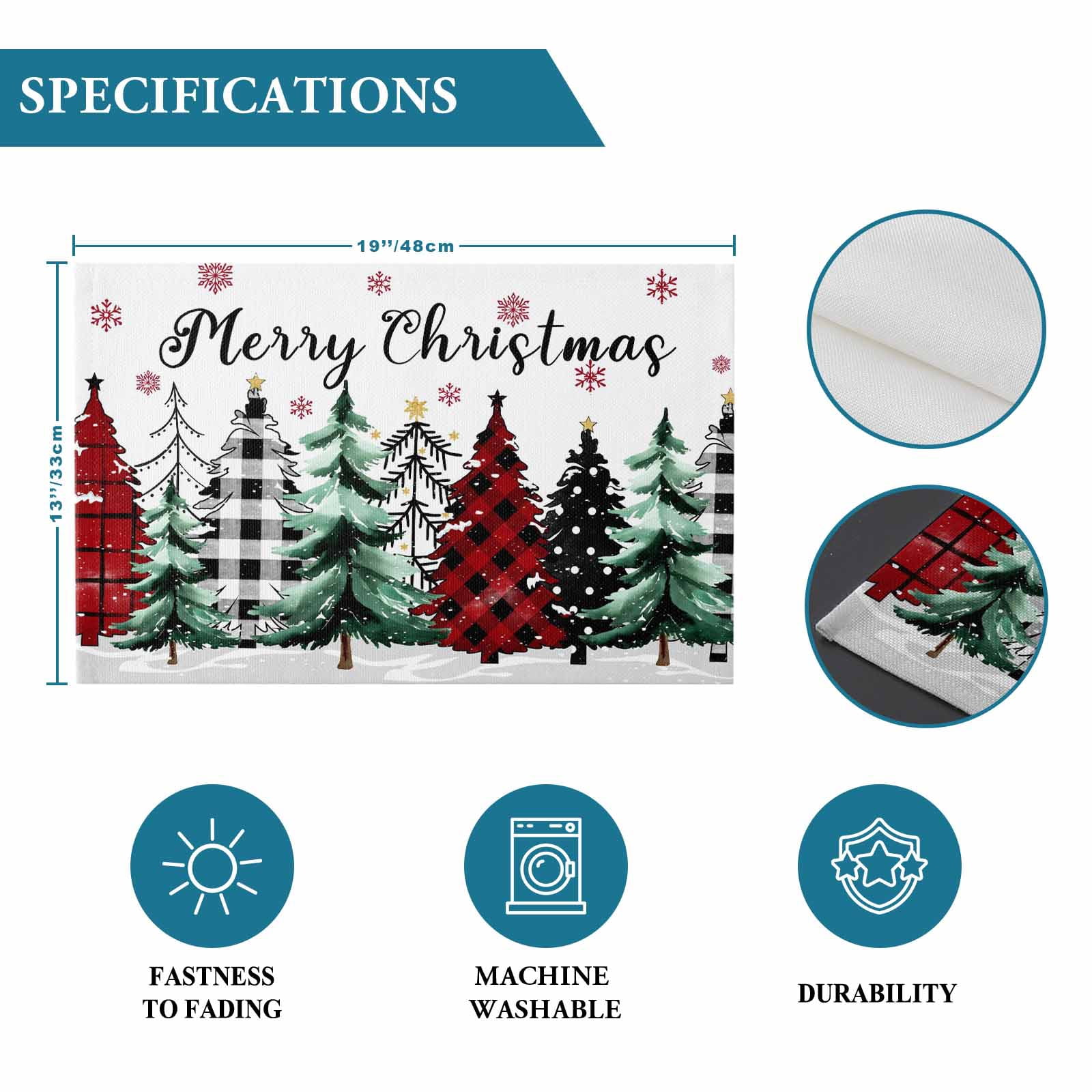 Buffalo Plaid Christmas Tree Placemats Set of 8, White Winter Snowflakes Table Mats Washable Heat-Insulation Non-Slip Place Mats for Kitchen Dinner Table Indoor Outdoor Decor,13x19 Inch