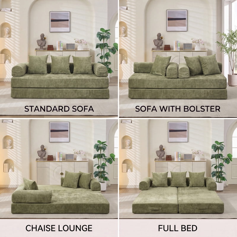Gewnee 79 Boneless Sofa, Convertible Sofa Bed, Futon Floor Sleeper Sofa Bed with Pillows for Living Room Bedroom, No Assembly Required, Chenille, Green