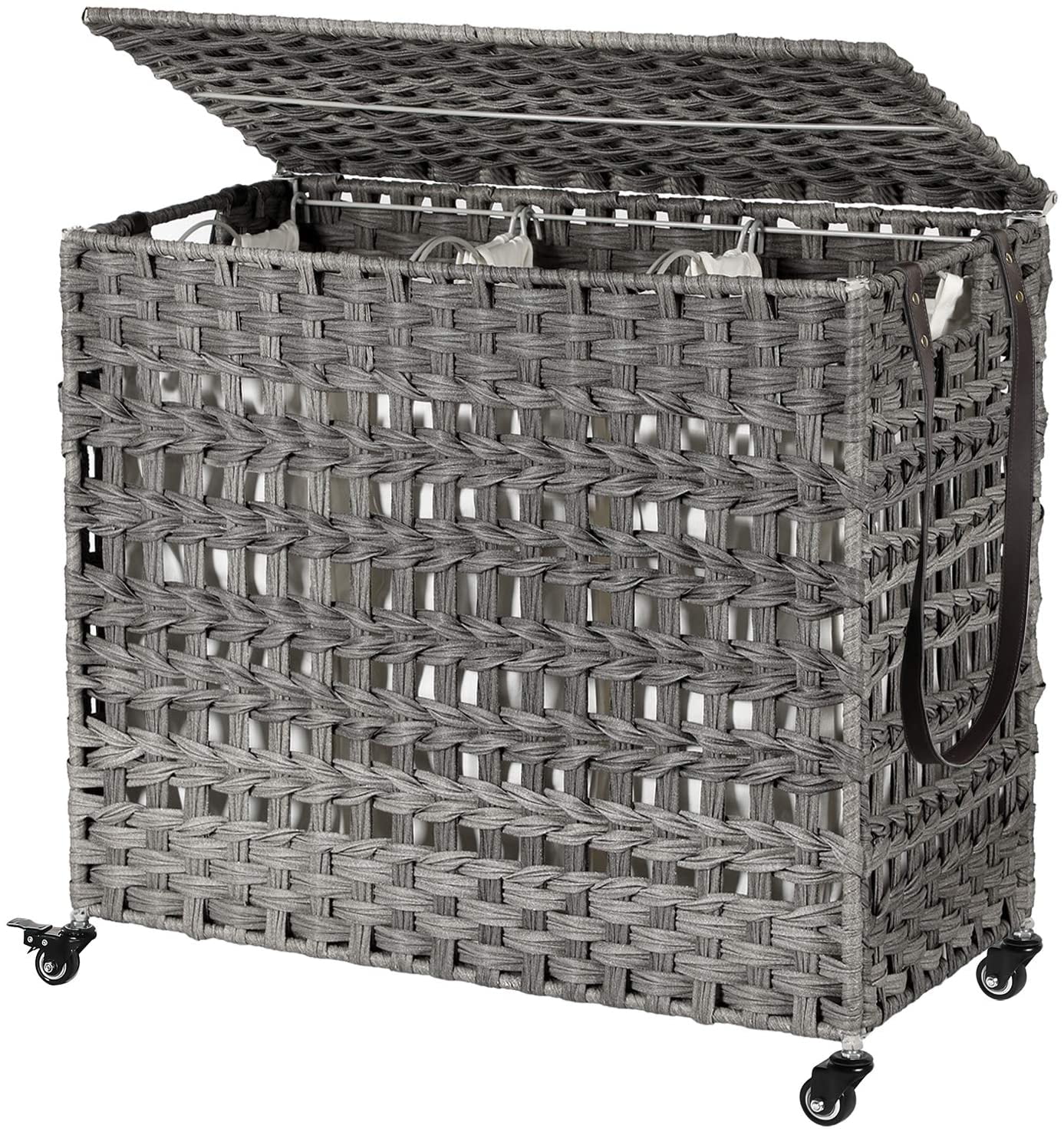 SONGMICS Fabric Double Laundry Hamper Separate Compartments Sorter 2 Sections Collapsible Clothes Storage Basket with Handles Detachable Lid and Liner Gray ULCB02G 