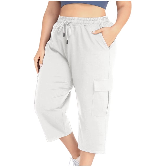 RKSTN Oversize Womens Pants Casual Solid Color Waist Drawstring Elastic Waist Comfortable Versatile Crop Pants with Pockets Summer Fall Style