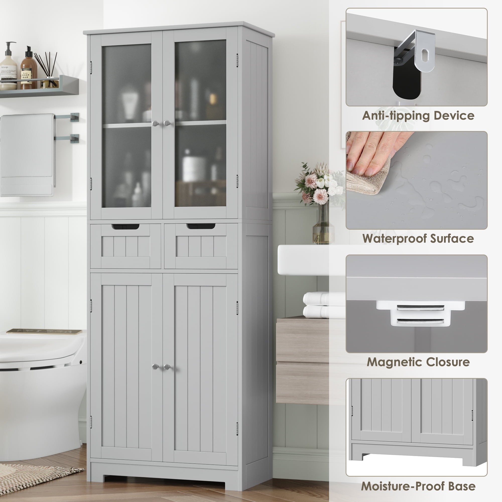 Homfa 4 Doors Bathroom Cabinet, 3-Tier Wood Tall Linen Storage Cabinet with 2 Drawers for Living Room, Gray