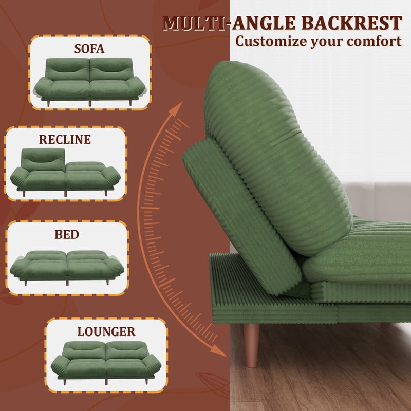Lacoo 65"W Convertible Futon Sofa Bed with Five-level Adjustable Armrests,Corduroy Green