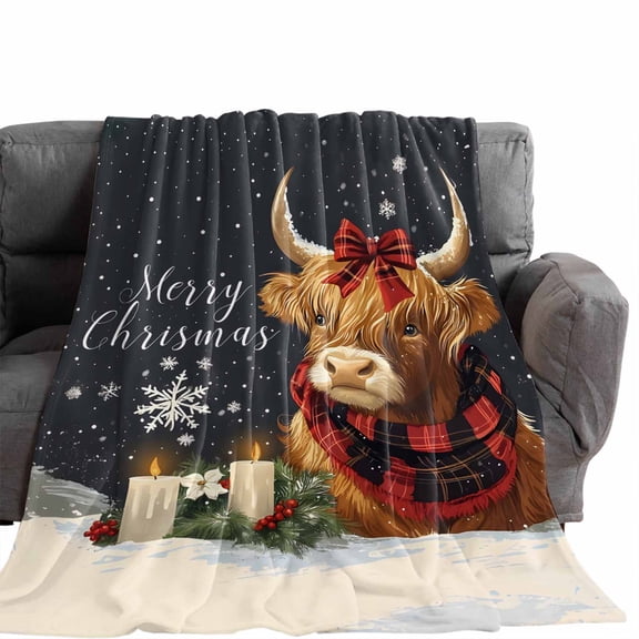 Flannel Throw Blanket for Couch Sofa Bed,Christmas Highland Cow Red Buffalo Plaid Soft Cozy Warm Fuzzy Blanket 30x40in