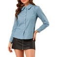 thumbnail image 4 of INSPIRE CHIC Women's Ruffle Point Collar Dots Printed Long Sleeves Button up Shirt Blue L, 4 of 6