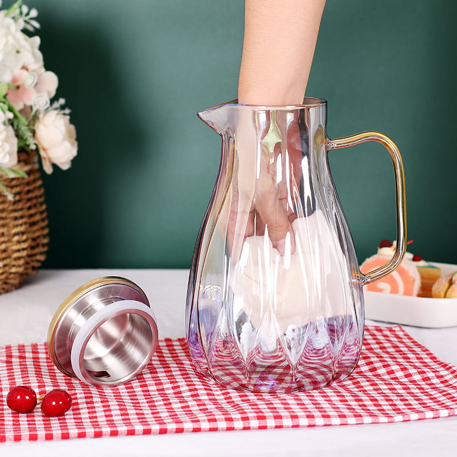 Relaxdays Transparent Juice and Beverage Glass Jug with Handle,  Dishwasher-Safe, Water Pitcher with Lid, Slender Shape
