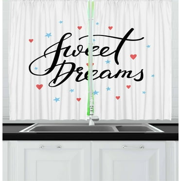 Sweet Dreams Curtains 2 Panels Set, Hand Written Style Motivational Quote Calligraphy with Little Stars and Hearts, Window Drapes for Living Room Bedroom, 55W X 39L Inches, Multicolor, by Ambesonne