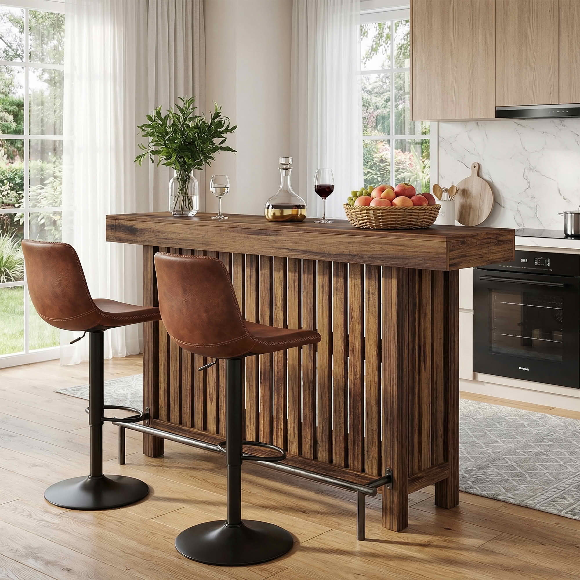 MAYEERTY 2-Tier Modern Home Bar Table, Brown & Matte Gray Cement Texture Storage Bar Unit with Guardrails & Adjustable Foot Pads