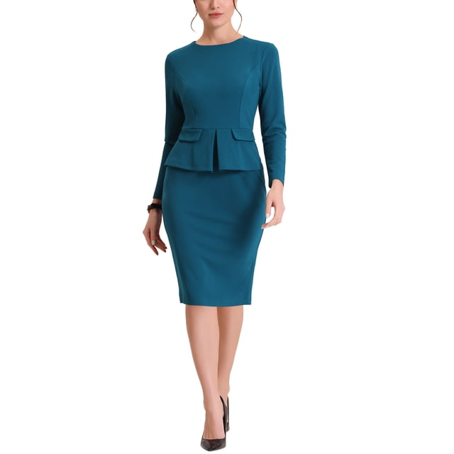 INSPIRE CHIC Robe Moulante à Basque pour Femme Col Ras du Cou Manches Longues Taille Haute Midi Fourreau Robe de Travail Bleu Lac S