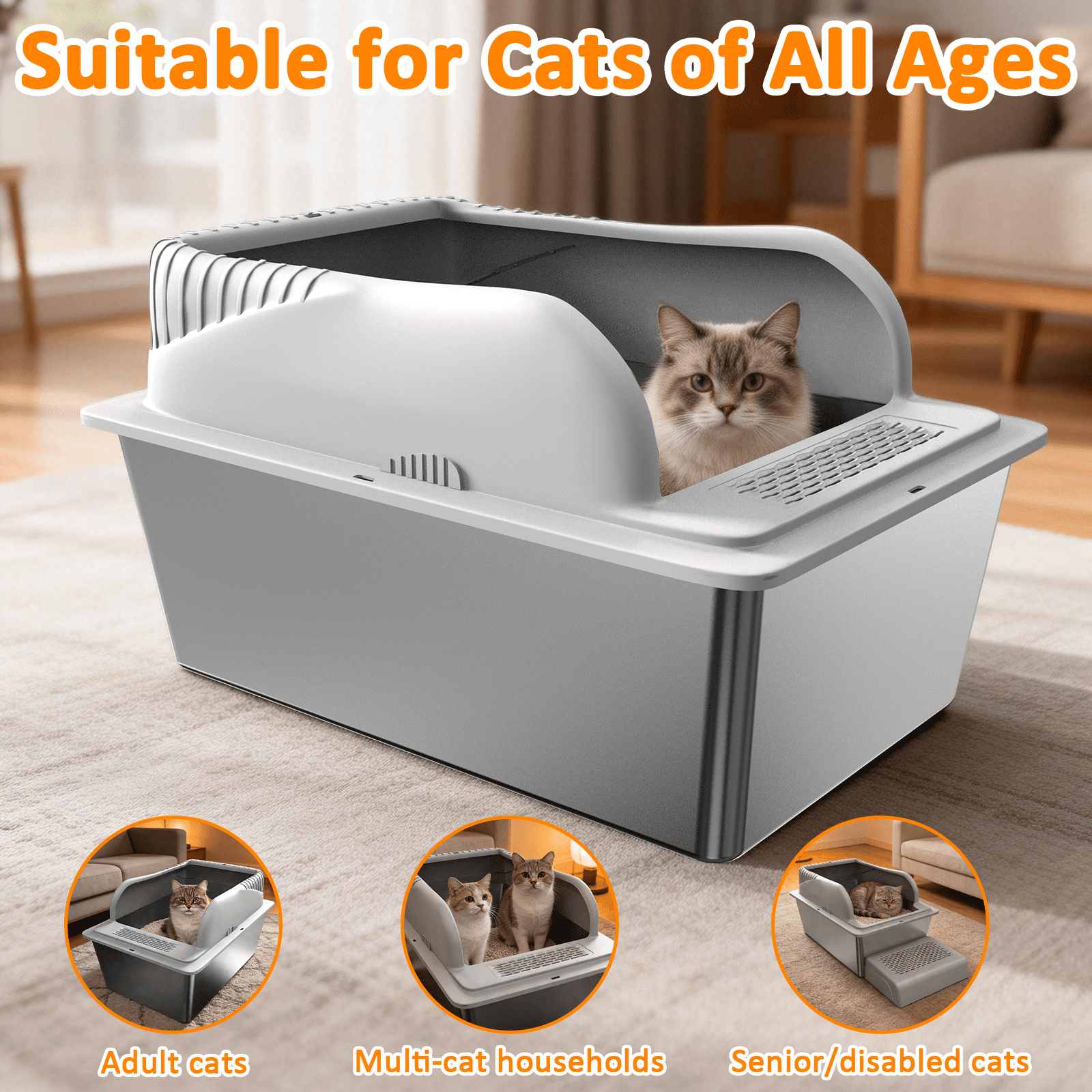 Stainless Steel Cat Litter Box with High Side, Extra Large Litter Box with Lid for Big Cats, Non-Stick Litter Pan with Scoop and Footboard, XL, Gray