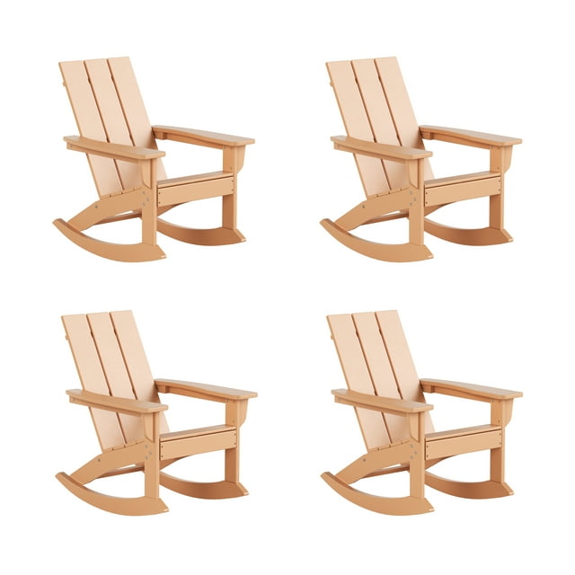WestinTrends Ashore Patio Rocking Chairs Set of 4, All Weather Poly Lumber Plank Adirondack Rocker Chair, Modern Farmhouse Outdoor Rocking Chairs for Porch Garden Backyard and Indoor, Teak