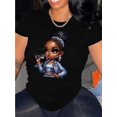 thumbnail image 2 of 1pc Women's Regular Size Casual Crew Neck T-Shirt with Cute Cartoon Girl Print, Short Sleeve Knit Fabric Top, Cotton 100%, All Season Fashion, 2 of 6