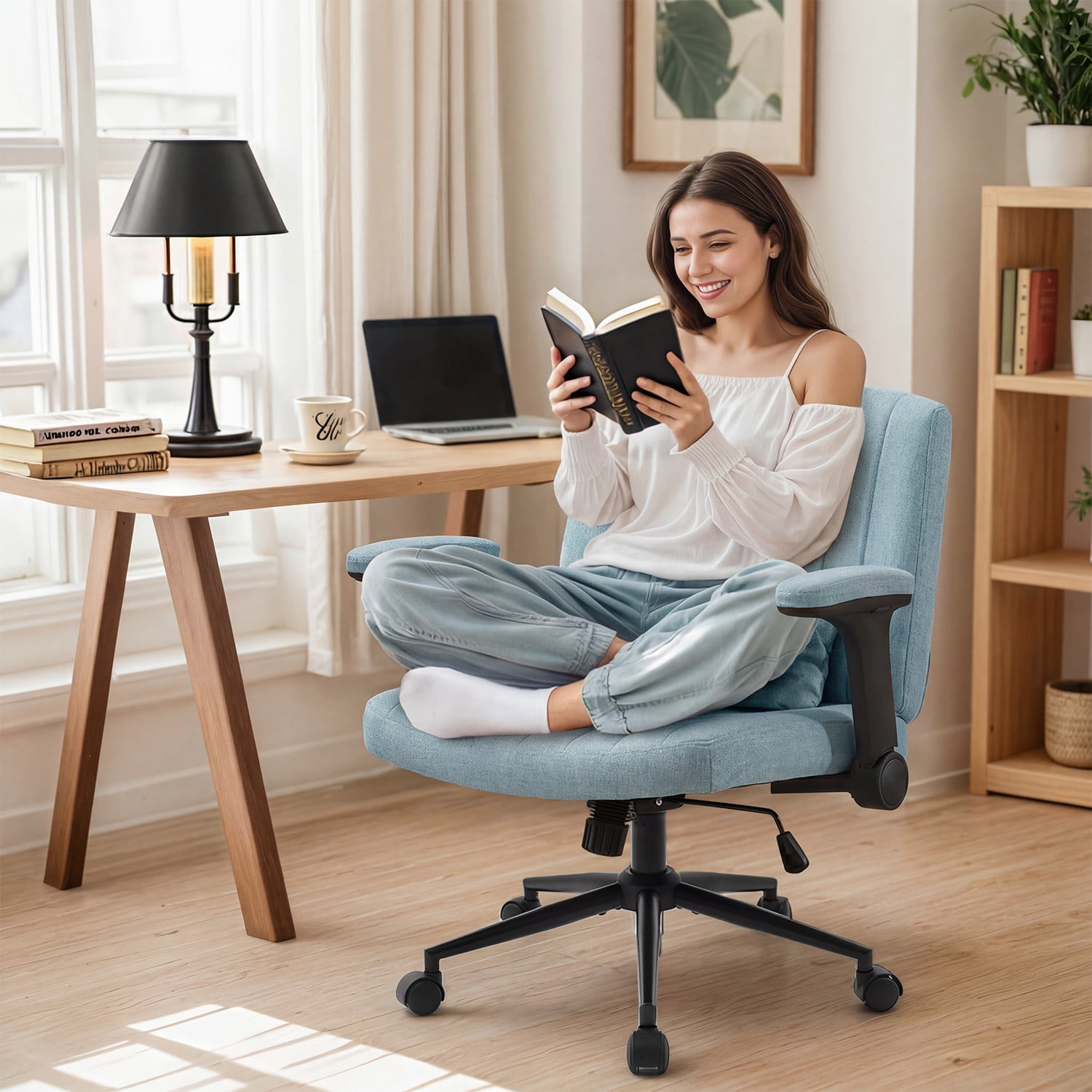 IPKIG Ergonomic Office Chair with Wheels and Flip-Up Arms, Wide Seat Swivel Desk Chair for Home Office, Computer, Vanity in Linen Blue
