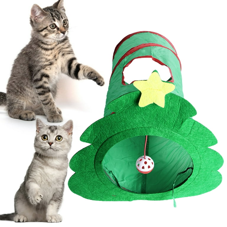 Pnellth Cat Tunnel Toy Portable Collapsible Christmas Tree Shape Tube with  Play Ball Interactive Toy Pet Supply