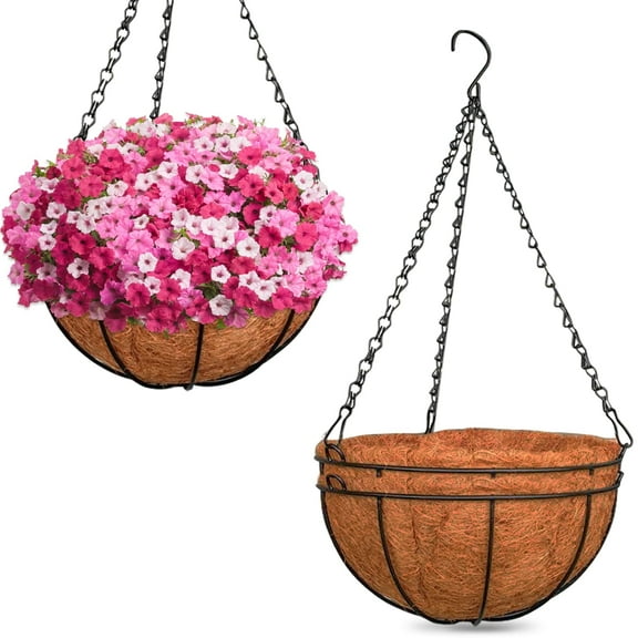 ZeeDix 3 Pack 10inch Metal Hanging Planter Basket with 10inch Coconut Coir Liner- Coconut Coir Liner with Black Chain for Porch Pots Hanger, Indoor Outdoor Plant Flower Pot, Garden Decorations