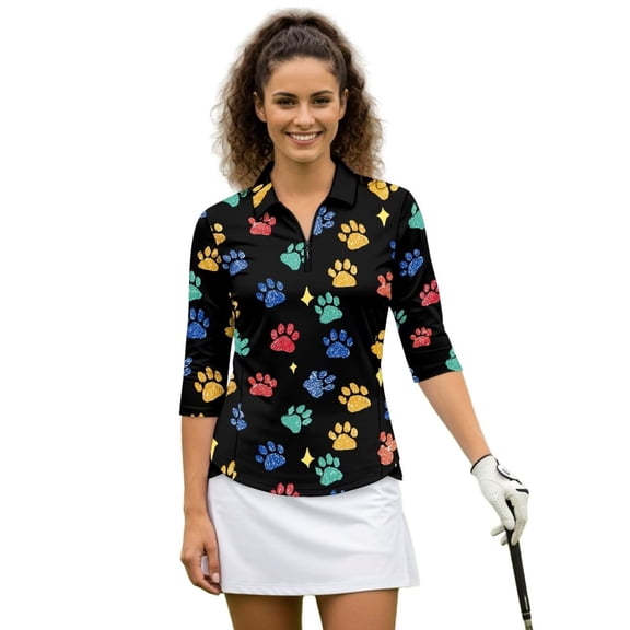 Uorisanigo Colorful Dog Paws Women's 3/4 Sleeve Athletic Golf Shirts Fashionable Comfortable Women's Dry-Fit Golf Polo Shirts Relaxed Tennis Tops Comfortable Outing Wear Size S