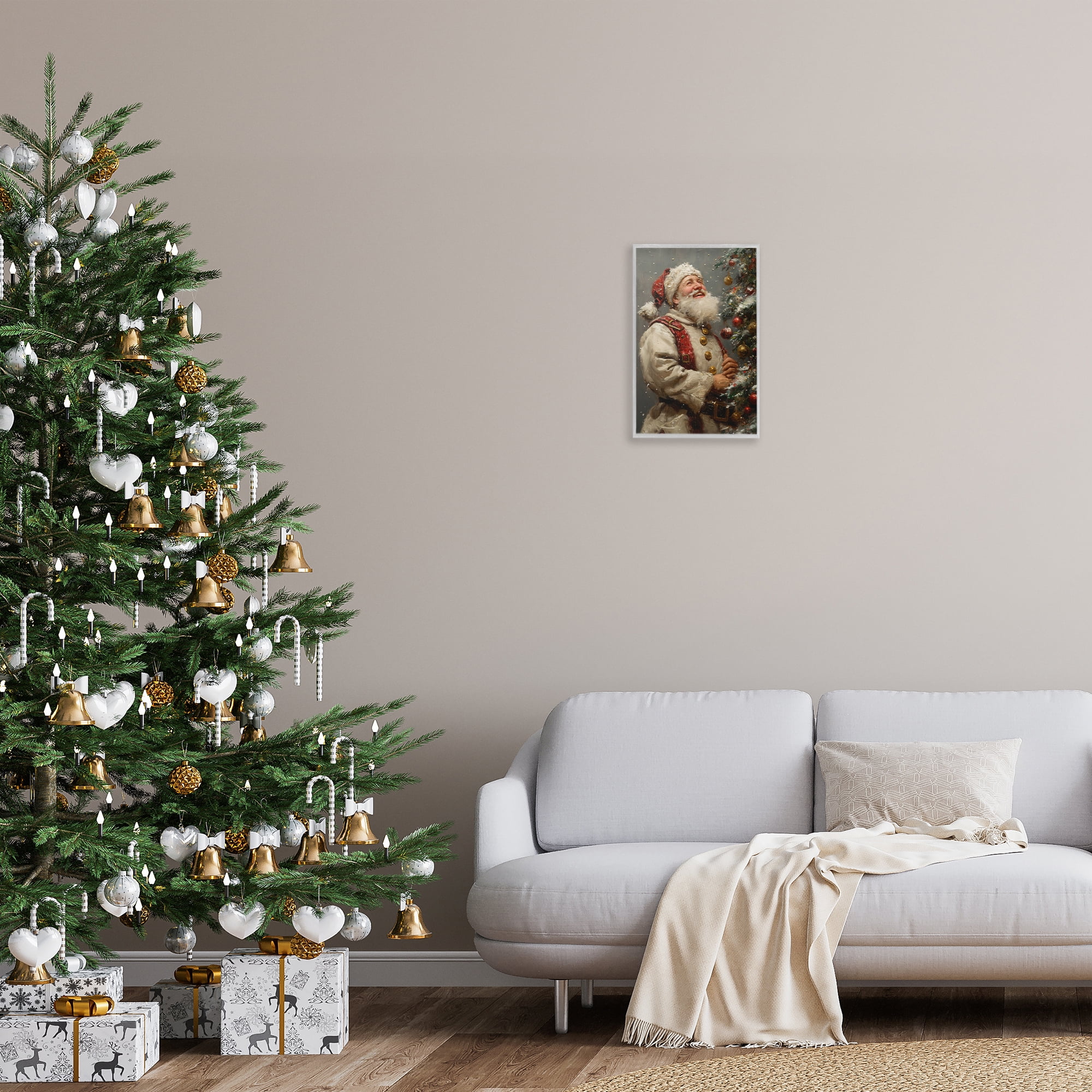 Stupell Industries Happy Santa & Tree Holiday Painting Gray Framed Art Print Wall Art, 12 x 18