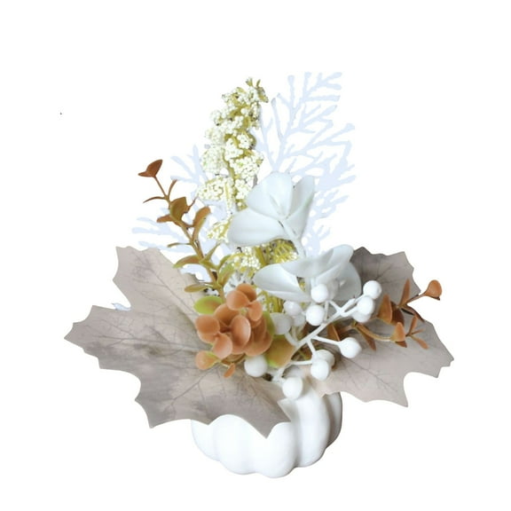 Autumn Pumpkin Decorative Ornament Fall Centerpiece With Faux Leaves & Fruits 2.36In Tall Ideal For Home Decoration