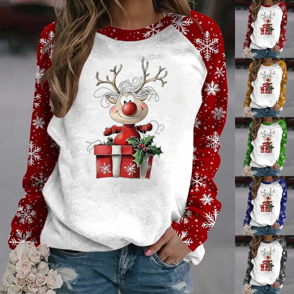 AINIYS Christmas Shirts for Women Cute Long Sleeve Tops Casual Crewneck Sweatshirts Xmas Theme Reindeer Graphic Sweater Blue Pullover for Women _y L