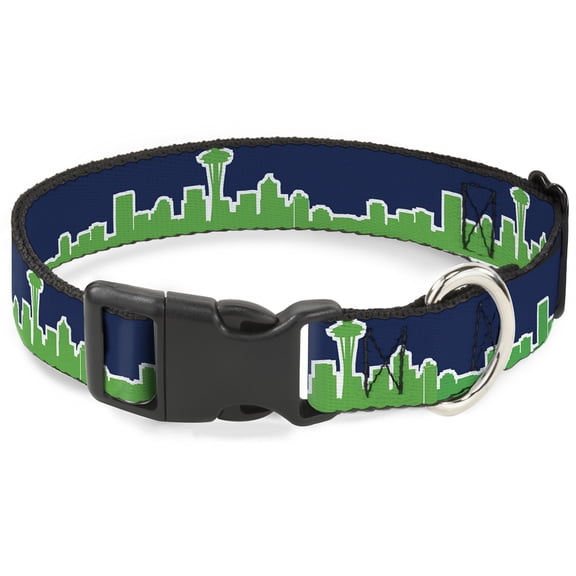 Buckle-Down Pet Collar, Dog Collar Plastic Buckle, Seattle Skyline Navy Bright Green, 7 to 8.5 Inches 0.5 Inch Wide