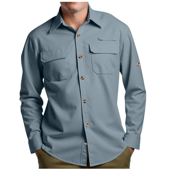 USNSM Mens Regular Fit Long Sleeve Work Utility Button Down Shirt with Pockets for Travel Outdoor Camping Hiking Blue XXL