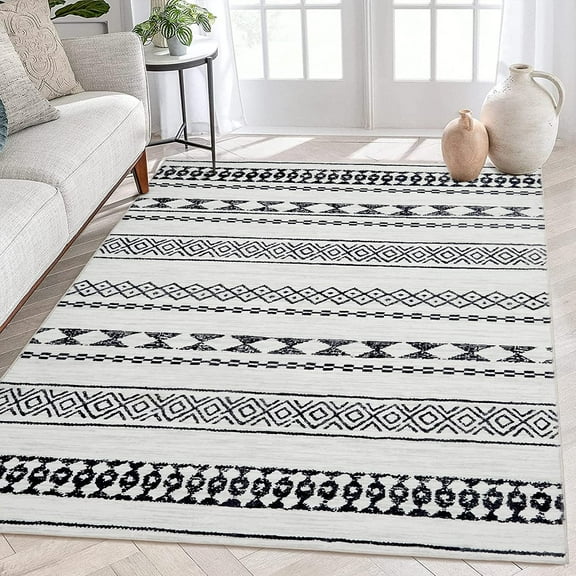Boho Area Rugs 3' x 5', Washable Rug Ultra-Soft Anti-Slip Floor Cover Low Pile Farmhouse Carpet Non-Shedding Foldable Geometric Rug for for Living Room Bedroom, Black/White