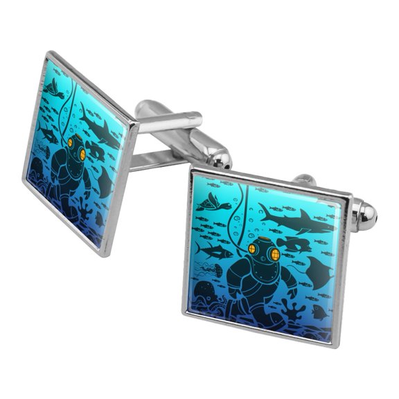 Diver Retro Ocean Sea Diving Square Cufflink Set - Silver or Gold