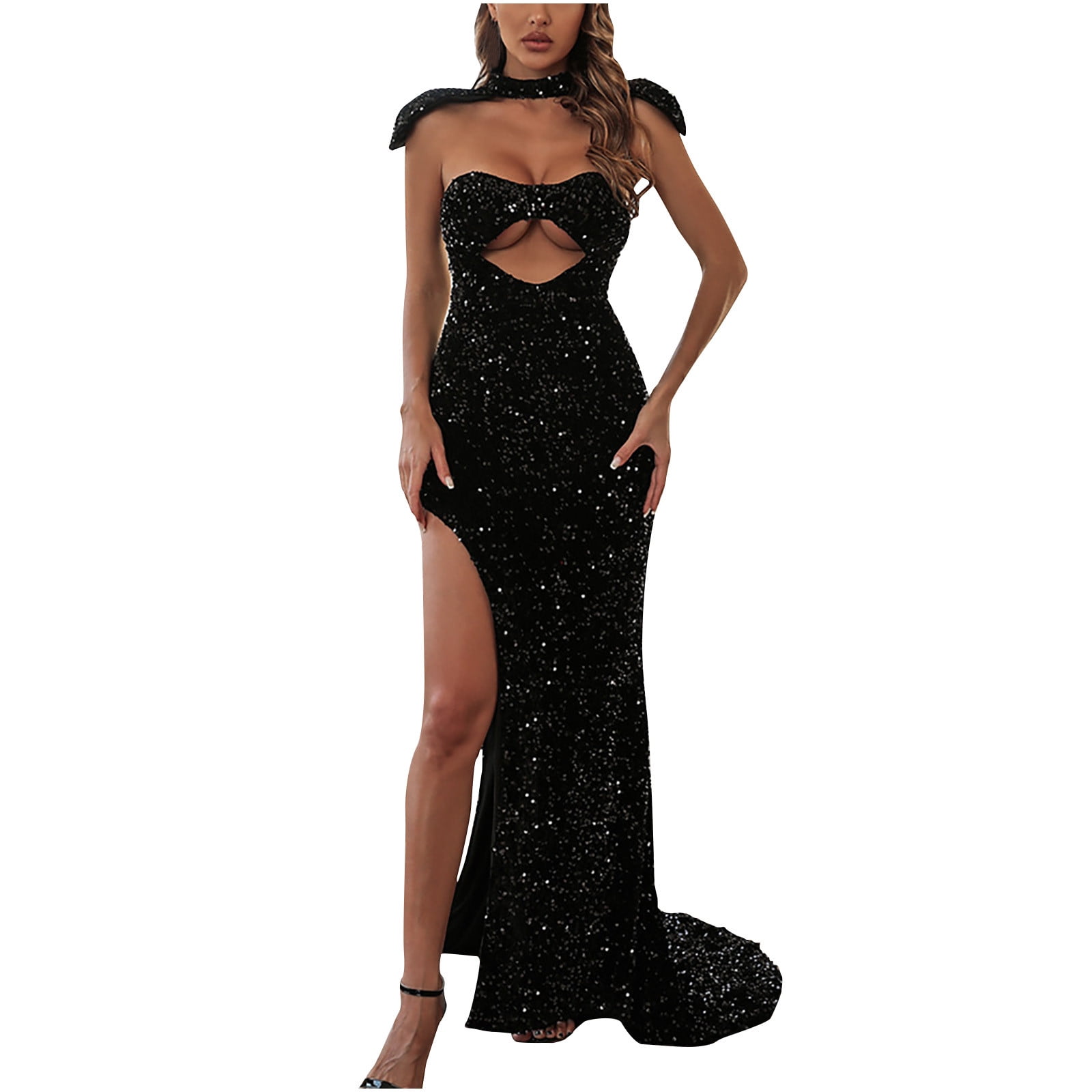 Ozmmyan Womens Black Prom Dresses Strapless Backless Tube Top Split Glitter  Maxi Dress Homecoming Dresses