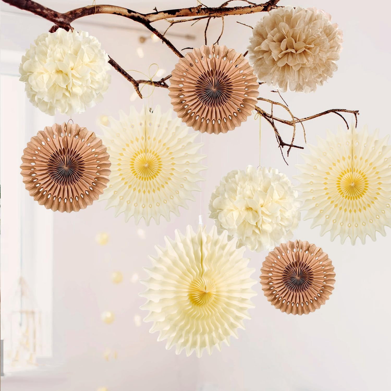 Brown Party Decorations Boho Wedding Party Decor Brown Beige Tissue Pom Poms Paper Fans Hanging Neutral Women Birthday Party Decorations Bridal Shower Baby Shower Rustic Engagement Decor
