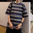 thumbnail image 2 of Hombres Casual Cuello Redondo Manga Corta Jersey Rayas Tops Camiseta Blusa Pompotops oipoqjl32832, 2 of 8