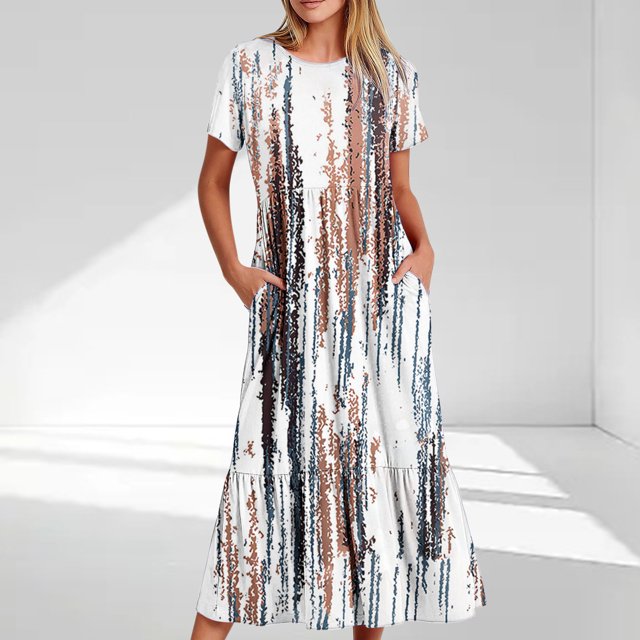 Offre à Durée Limitée Iumwxz Robe à Manches Courtes Col Rond pour Femmes Tunique Décontractée Ample Robe Longue Plissée Robe à Rayures Robes Confortables pour Vacances
