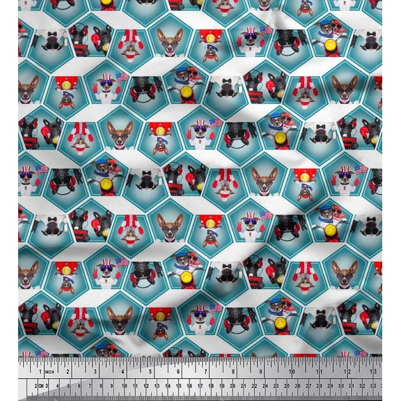 Soimoi Rayon Fabric Geometric & Dogs Patchwork Print Fabric by The Yard 42 Inch Wide
